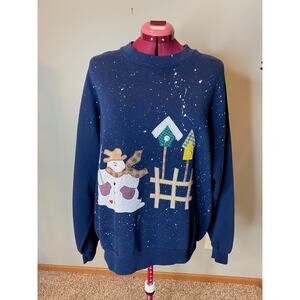 sweatshirt Vintage appliqué snowmen birdhouses broom